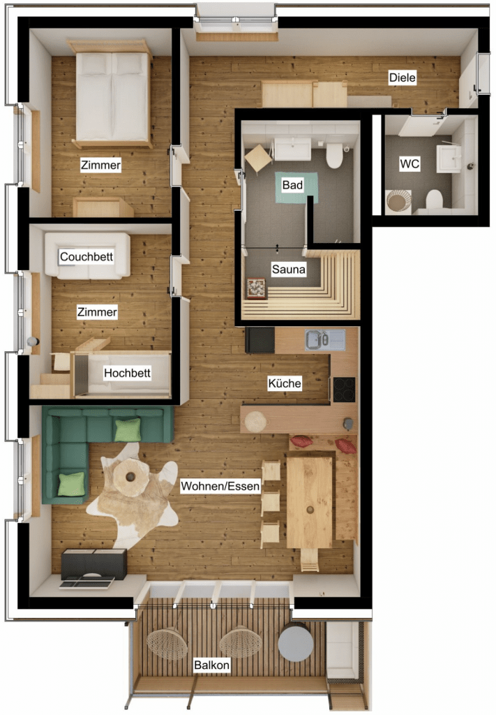 Grundriss des Feldberg Apartment ins 2D mit Sicht auf alle Räume in realer Optik